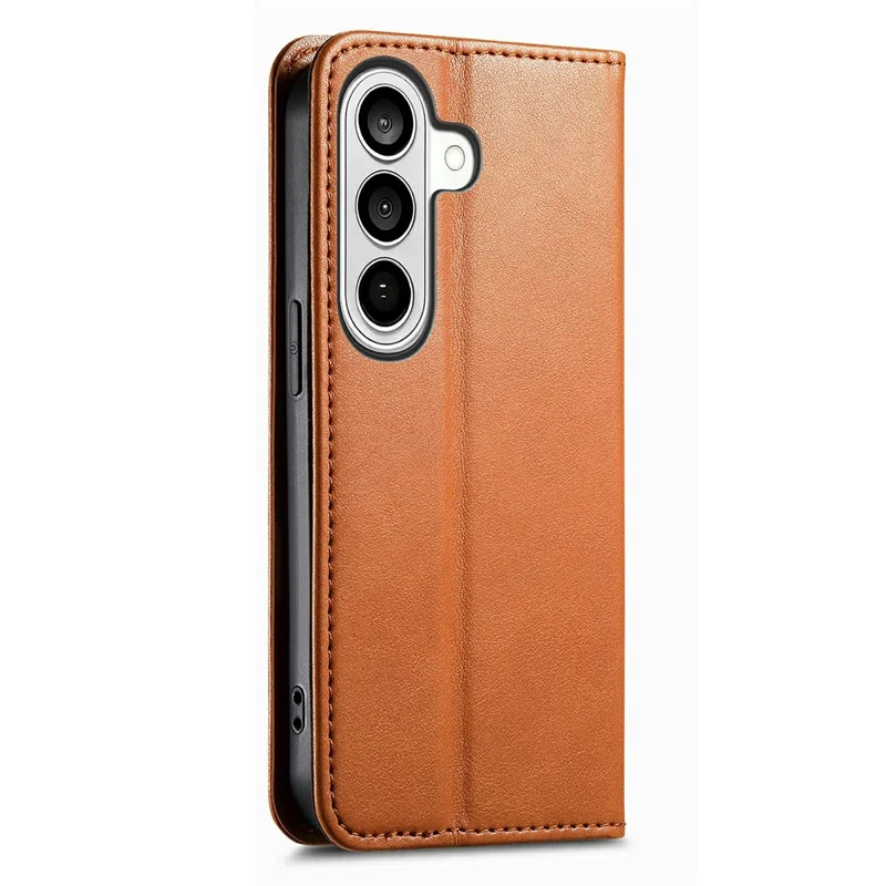 Étui pour Samsung Galaxy S26, étui portefeuille en cuir avec surpiqûres tricolores et bracelet de poignet élastique - Marron