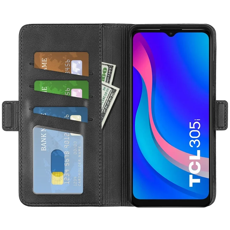 Текстура Теленка Двойная Магнитная Застежка Для Телефона Для TCL 305i, Кожи Кожи Кожи Кожи Для Кошелька Folio Flip Cover - Черный