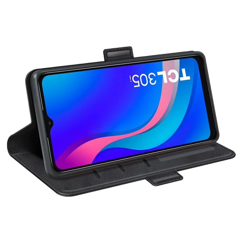 Текстура Теленка Двойная Магнитная Застежка Для Телефона Для TCL 305i, Кожи Кожи Кожи Кожи Для Кошелька Folio Flip Cover - Черный