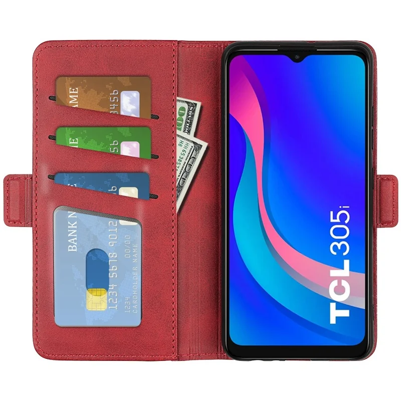 Calf Texture Dual Magnetic Clasp Phone Case for TCL 305i, PU Leather Stand Wallet Folio Flip Cover - Red
