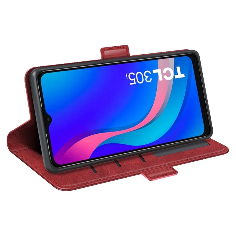 Calf Texture Dual Magnetic Clasp Phone Case for TCL 305i, PU Leather Stand Wallet Folio Flip Cover - Red