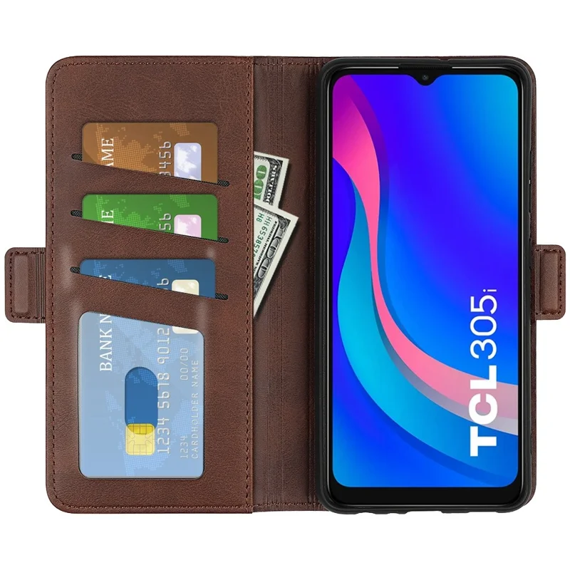 Calf Texture Dual Magnetic Clasp Phone Case for TCL 305i, PU Leather Stand Wallet Folio Flip Cover - Brown