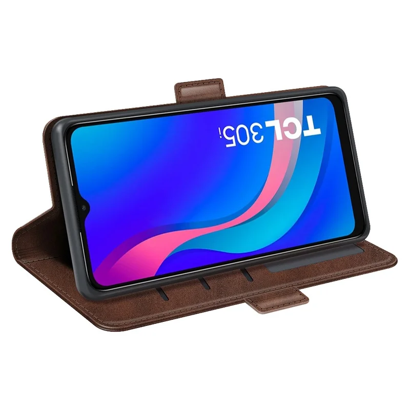 Calf Texture Dual Magnetic Clasp Phone Case for TCL 305i, PU Leather Stand Wallet Folio Flip Cover - Brown