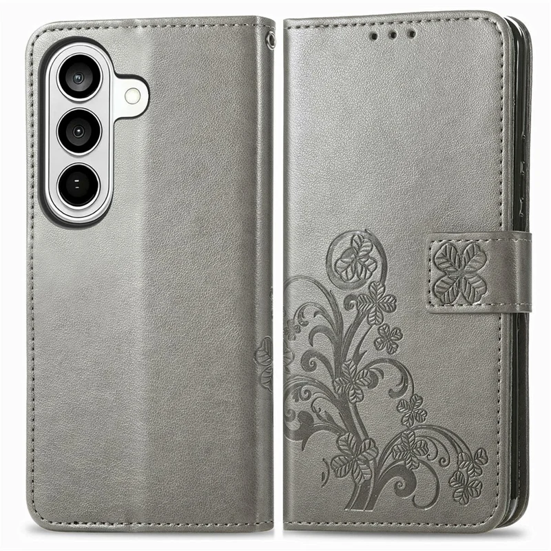 For Samsung Galaxy S26 Leather Case Four-Leaf Clover Wallet Phone Cover - Grey