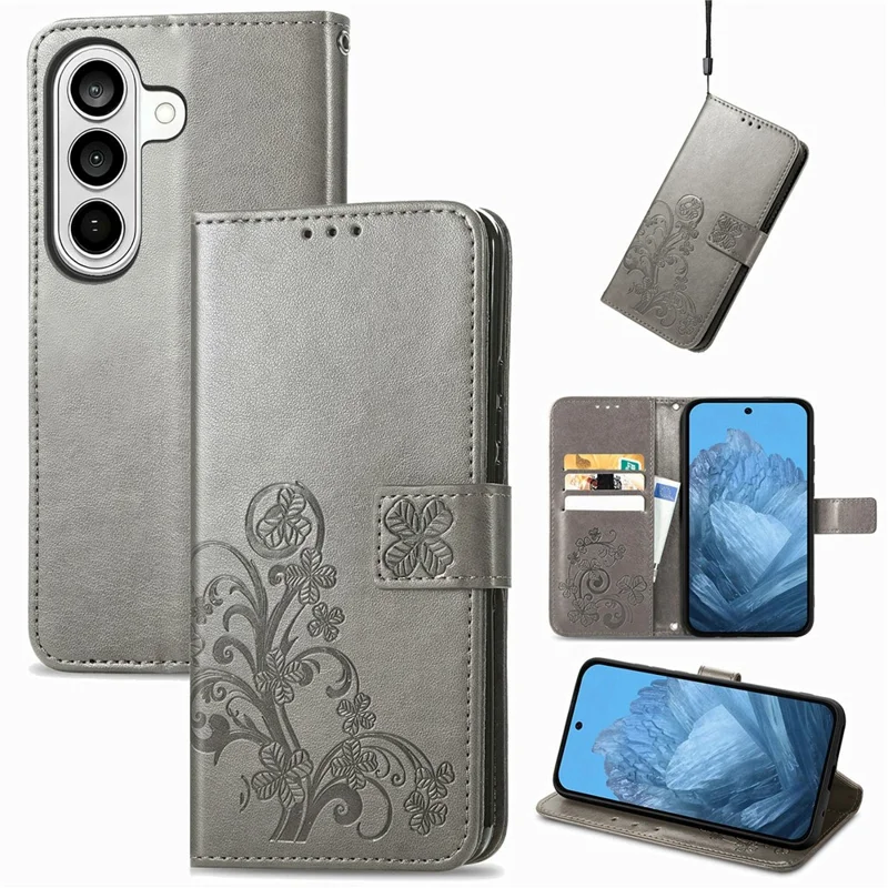 For Samsung Galaxy S26 Leather Case Four-Leaf Clover Wallet Phone Cover - Grey