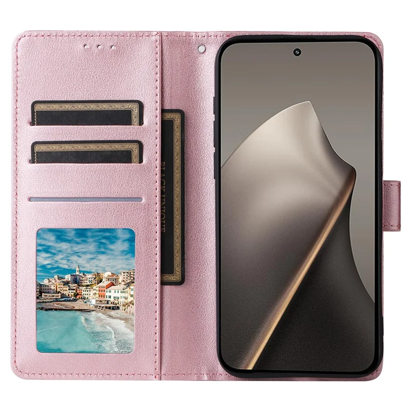 Futerał portfelowy ze stojakiem na telefon Xiaomi 15T z korektem PU i paskiem na nadgarstek - różowe złoto