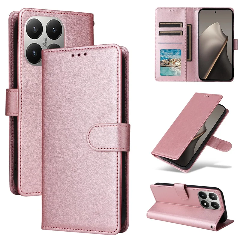 Futerał portfelowy ze stojakiem na telefon Xiaomi 15T z korektem PU i paskiem na nadgarstek - różowe złoto