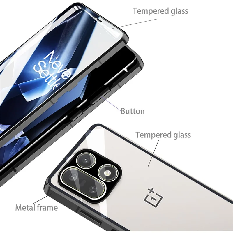 Cover per OnePlus 15 5G, custodia con vetro temperato bifacciale e telaio in metallo con protezione obiettivo - Nero