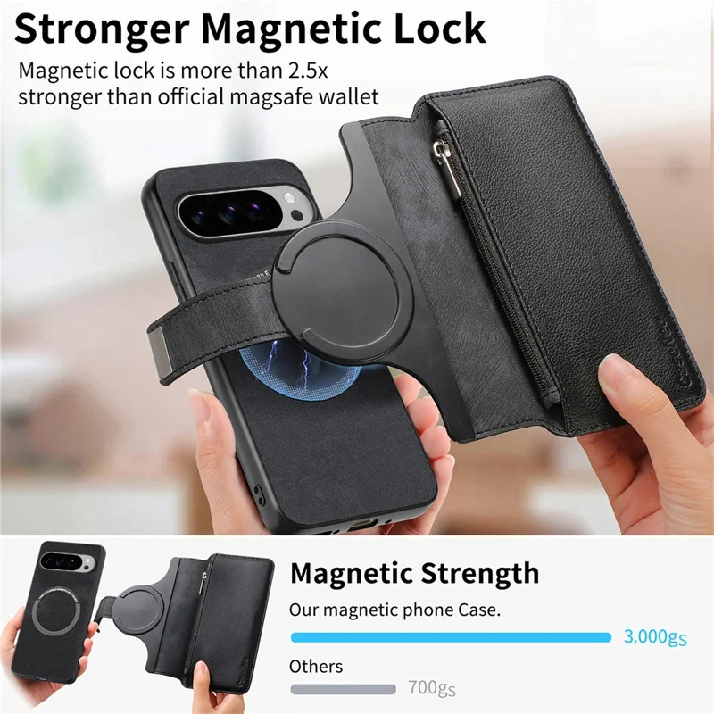 CASENEO MW-02 Phone Case For Google Pixel 10  /  10 Pro Detachable Magnetic Leather Flip Cover - Black
