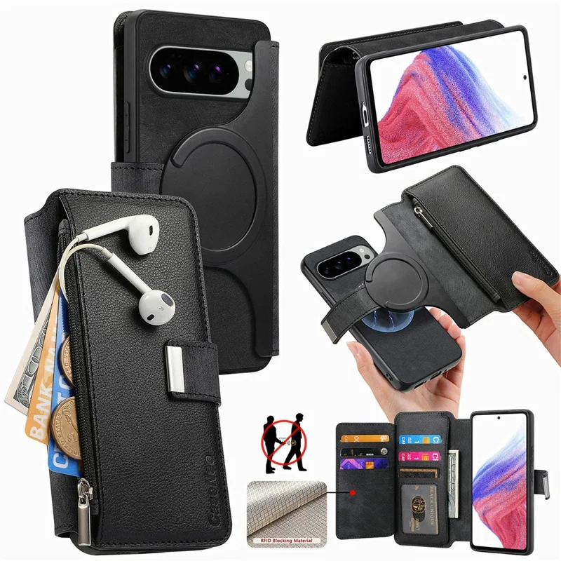 CASENEO MW-02 Telefonhülle für Google Pixel 9 Pro / Pixel 9 Abnehmbare magnetische Ledertasche – Schwarz