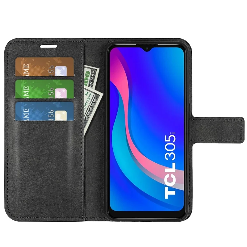 Kalbstextur Brieftasche Hülle Für TCL 305i, PU Leder Square Magnetic Clasp Faltbares Stand Telefonabdeckung - Schwarz