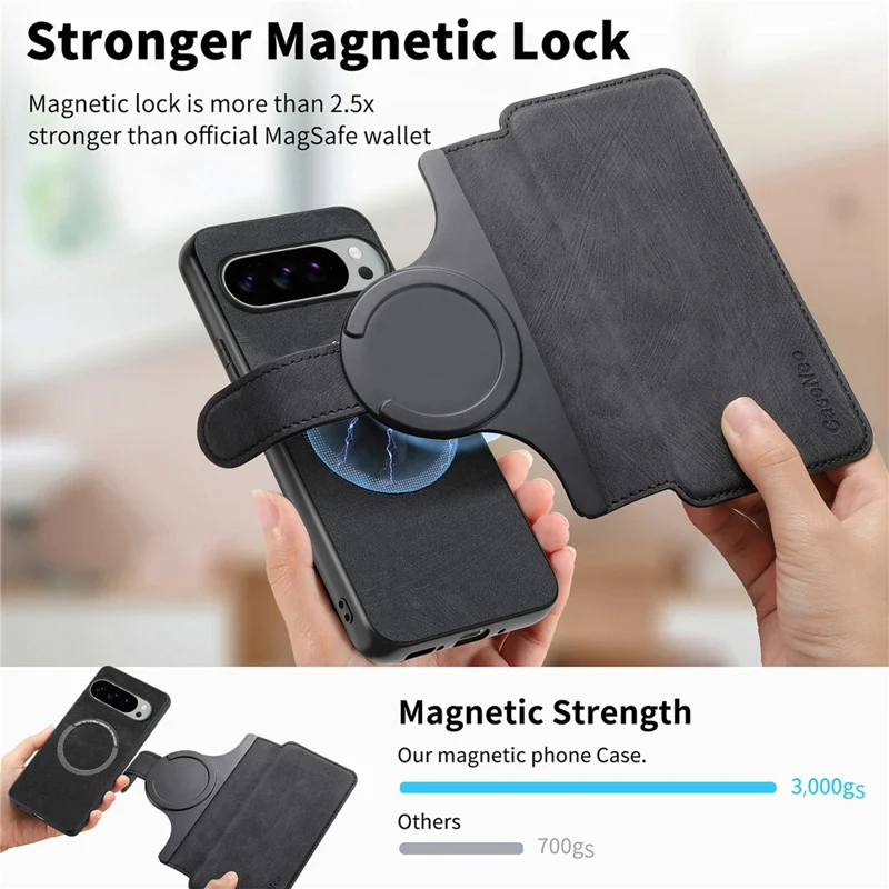 CASENEO MW-03 Für Google Pixel 9 Pro XL Magnetische Hülle Abnehmbare Ledertasche Mit Ständer - Schwarz