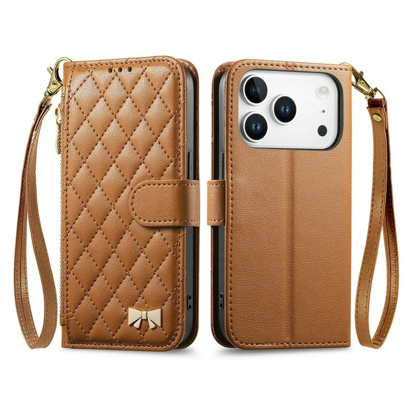 Coque support pour iPhone 17 Pro, coque portefeuille en cuir PU TPU avec poche zippée, impression, avec dragonne - Brun