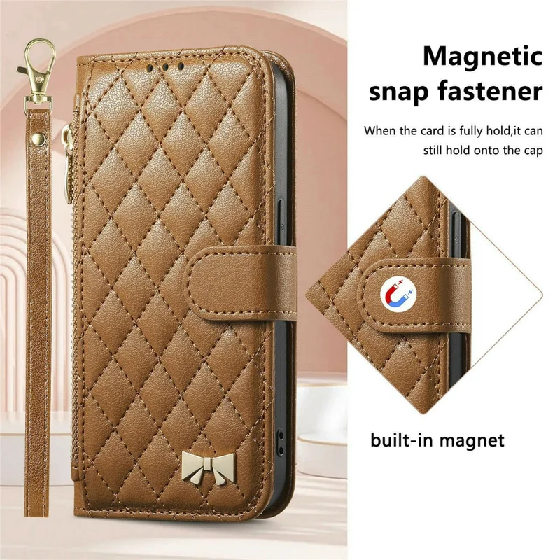 Coque support pour iPhone 17 Pro, coque portefeuille en cuir PU TPU avec poche zippée, impression, avec dragonne - Brun