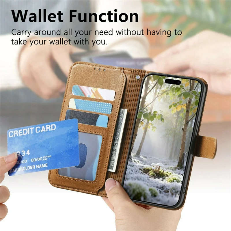 Coque support pour iPhone 17 Pro, coque portefeuille en cuir PU TPU avec poche zippée, impression, avec dragonne - Brun