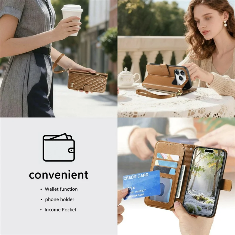 Coque support pour iPhone 17 Pro, coque portefeuille en cuir PU TPU avec poche zippée, impression, avec dragonne - Brun