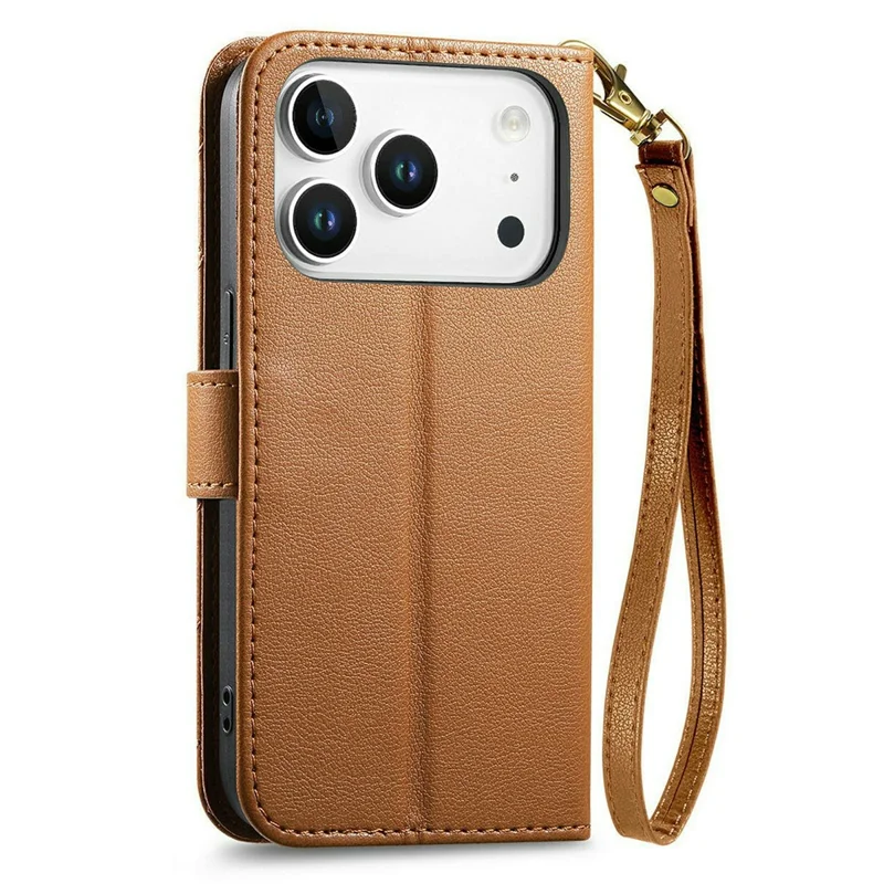 Coque support pour iPhone 17 Pro, coque portefeuille en cuir PU TPU avec poche zippée, impression, avec dragonne - Brun
