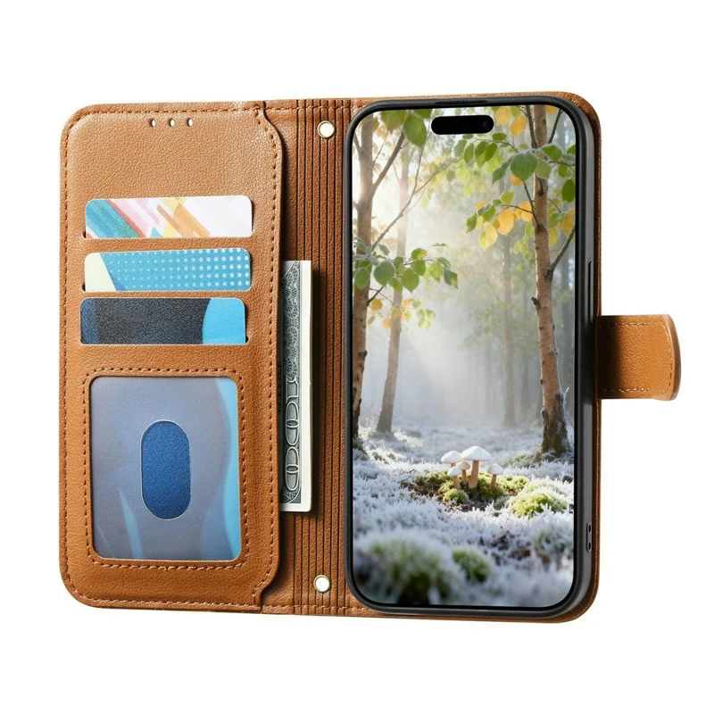 Coque support pour iPhone 17 Pro, coque portefeuille en cuir PU TPU avec poche zippée, impression, avec dragonne - Brun