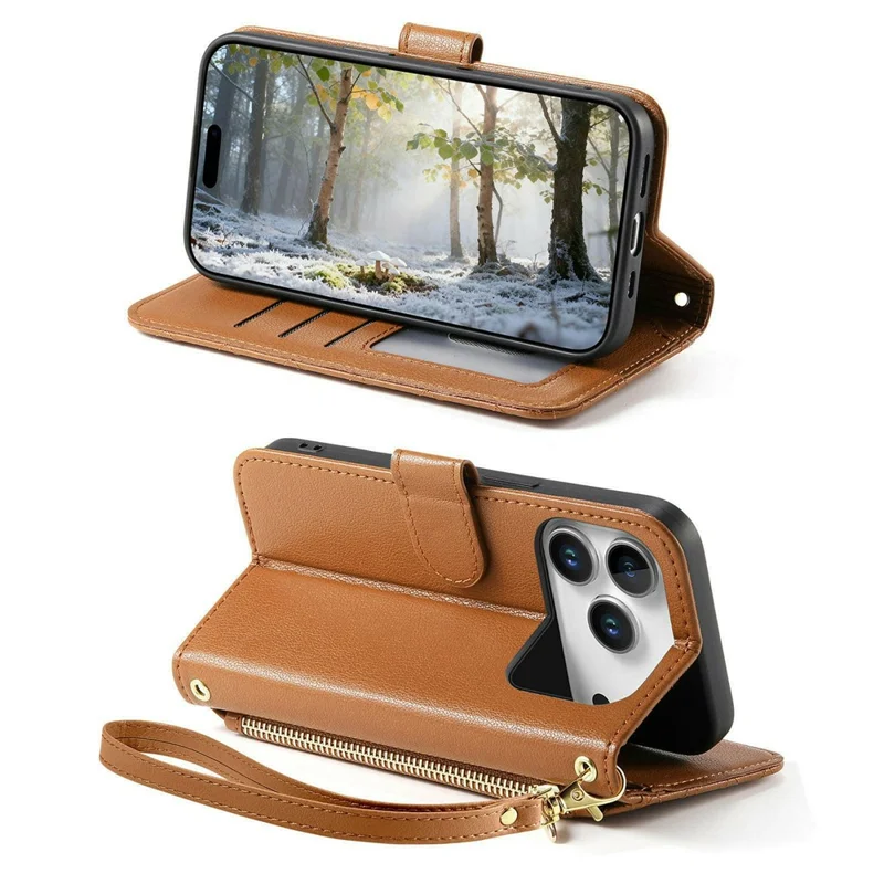 Coque support pour iPhone 17 Pro, coque portefeuille en cuir PU TPU avec poche zippée, impression, avec dragonne - Brun