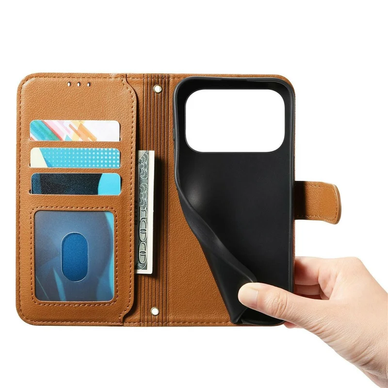 Coque support pour iPhone 17 Pro, coque portefeuille en cuir PU TPU avec poche zippée, impression, avec dragonne - Brun