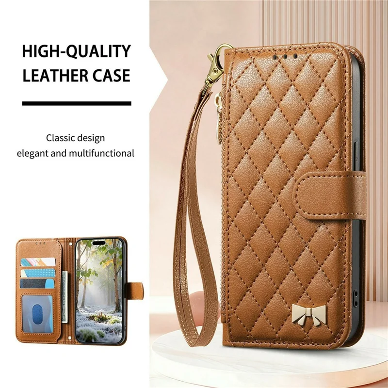 Coque support pour iPhone 17 Pro, coque portefeuille en cuir PU TPU avec poche zippée, impression, avec dragonne - Brun