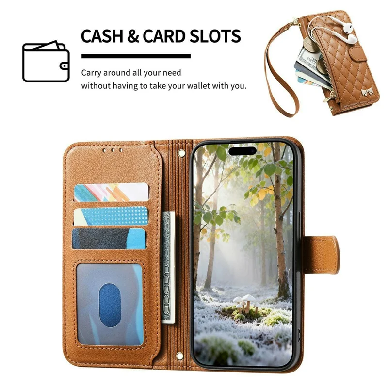 Coque support pour iPhone 17 Pro, coque portefeuille en cuir PU TPU avec poche zippée, impression, avec dragonne - Brun