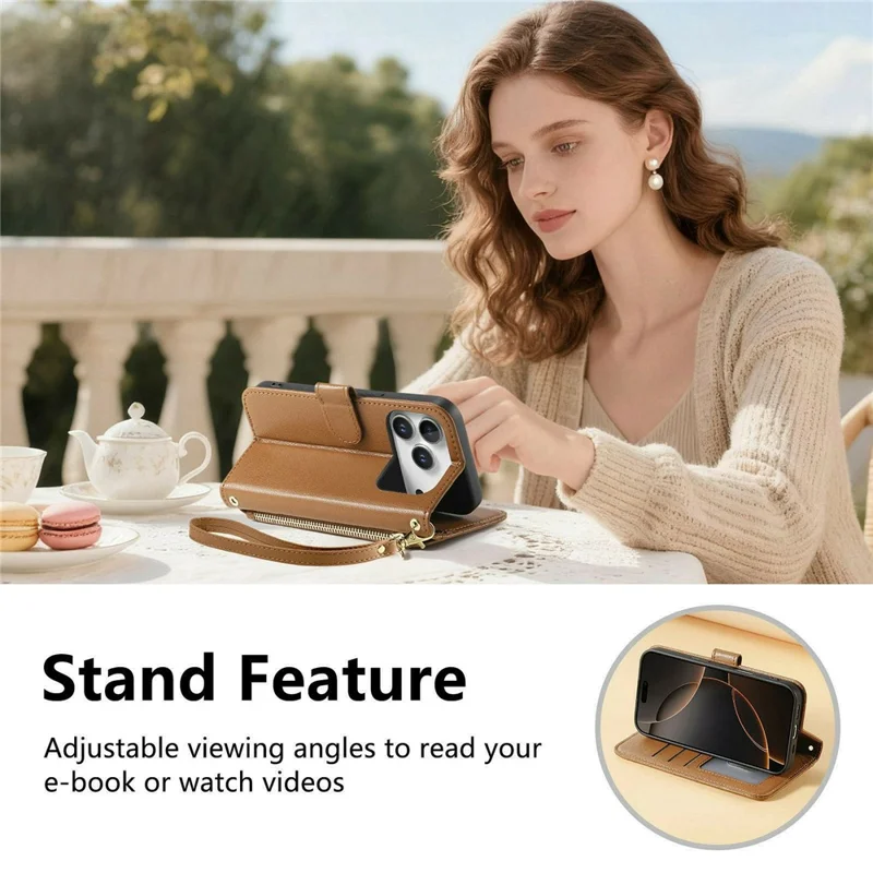 Coque support pour iPhone 17 Pro, coque portefeuille en cuir PU TPU avec poche zippée, impression, avec dragonne - Brun