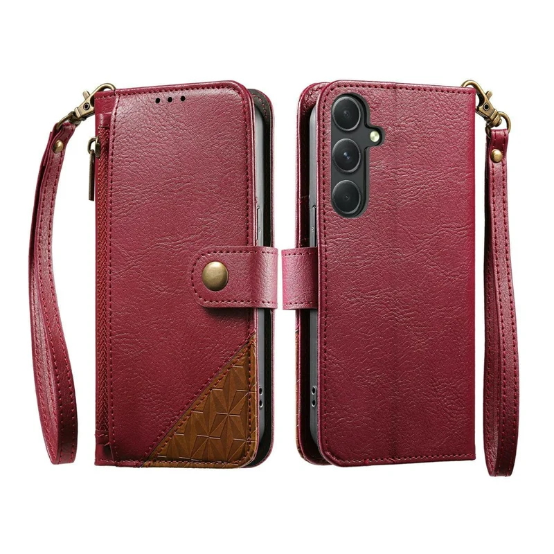 Étui pour Samsung Galaxy S26, Coque de Couleur Combinée en Cuir PU TPI avec Portefeuille, Antichoc, avec Sangle de Poignet - Rouge