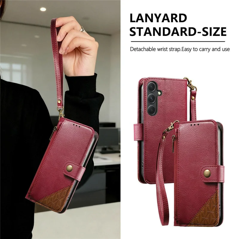 Étui pour Samsung Galaxy S26, Coque de Couleur Combinée en Cuir PU TPI avec Portefeuille, Antichoc, avec Sangle de Poignet - Rouge