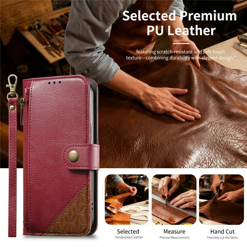 Étui pour Samsung Galaxy S26, Coque de Couleur Combinée en Cuir PU TPI avec Portefeuille, Antichoc, avec Sangle de Poignet - Rouge