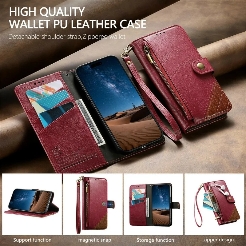 Étui pour Samsung Galaxy S26, Coque de Couleur Combinée en Cuir PU TPI avec Portefeuille, Antichoc, avec Sangle de Poignet - Rouge