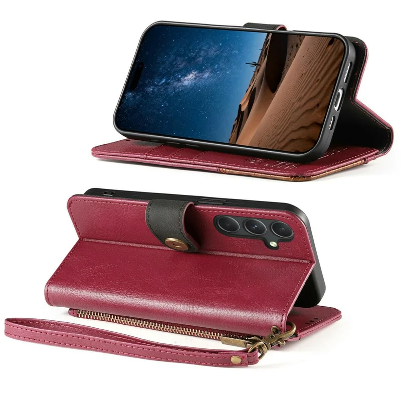 Étui pour Samsung Galaxy S26, Coque de Couleur Combinée en Cuir PU TPI avec Portefeuille, Antichoc, avec Sangle de Poignet - Rouge