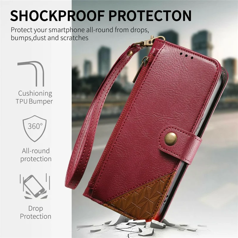 Étui pour Samsung Galaxy S26, Coque de Couleur Combinée en Cuir PU TPI avec Portefeuille, Antichoc, avec Sangle de Poignet - Rouge