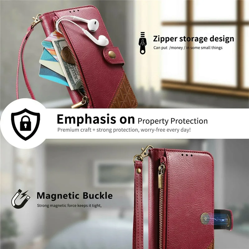 Étui pour Samsung Galaxy S26, Coque de Couleur Combinée en Cuir PU TPI avec Portefeuille, Antichoc, avec Sangle de Poignet - Rouge