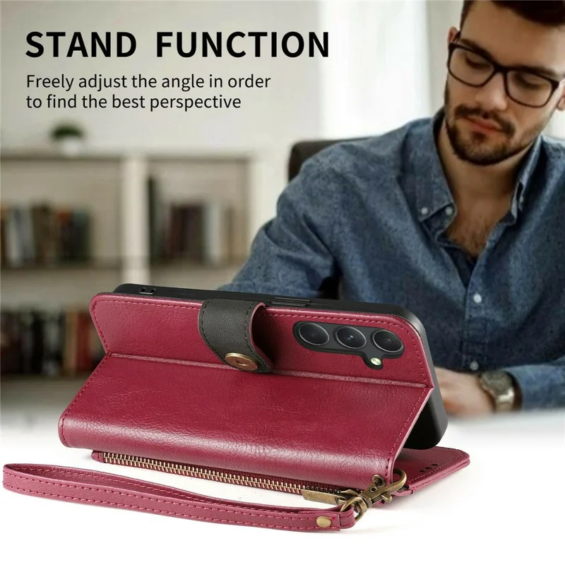 Étui pour Samsung Galaxy S26, Coque de Couleur Combinée en Cuir PU TPI avec Portefeuille, Antichoc, avec Sangle de Poignet - Rouge