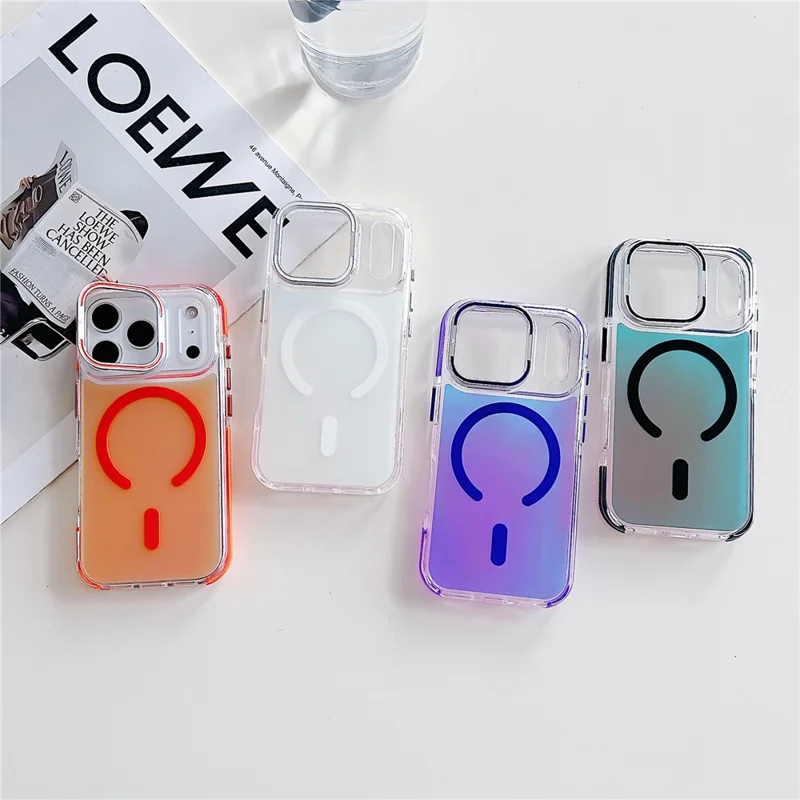 For iPhone 17 Pro Magnetic Case Fluorescent Design TPU Acrylic Phone Back Cover with Lens Frame Kickstand - Purple