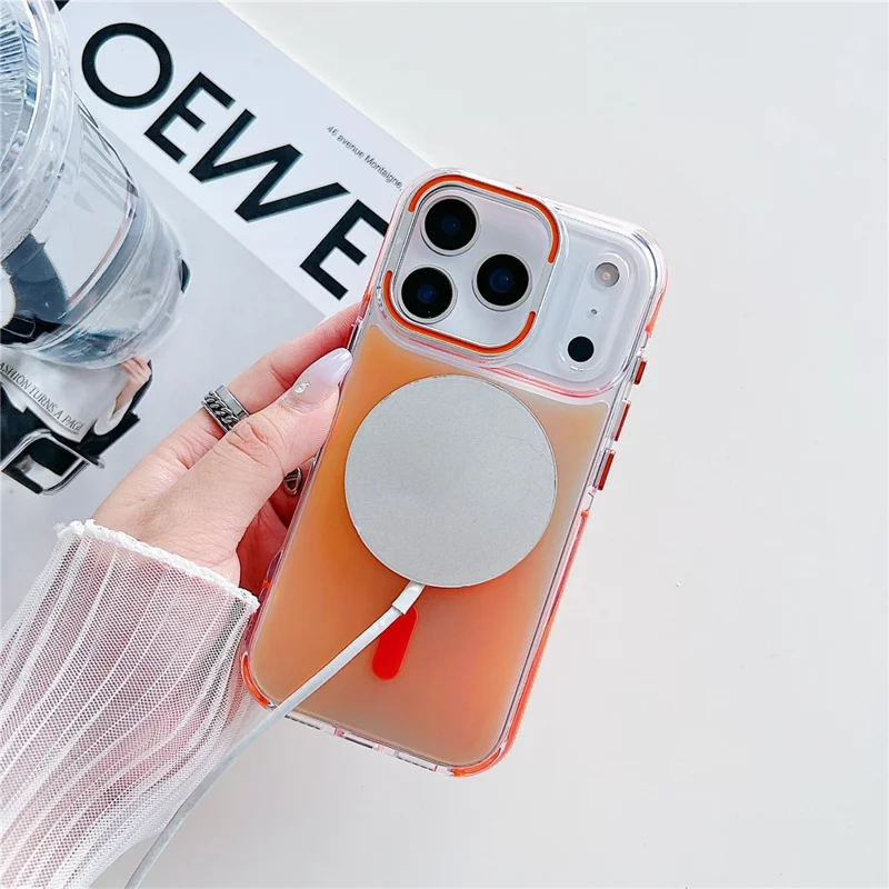 For iPhone 17 Pro Magnetic Case Fluorescent Design TPU Acrylic Phone Back Cover with Lens Frame Kickstand - Purple