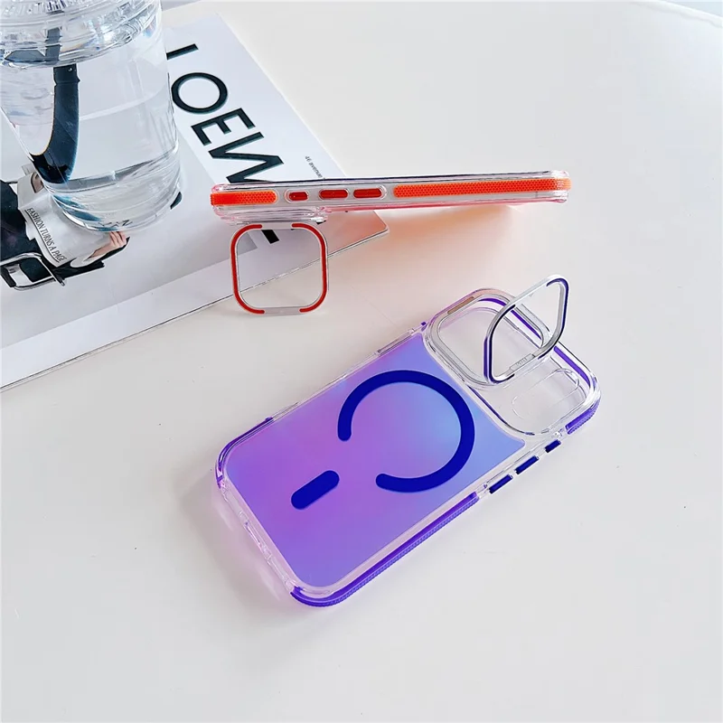 For iPhone 17 Pro Magnetic Case Fluorescent Design TPU Acrylic Phone Back Cover with Lens Frame Kickstand - Purple