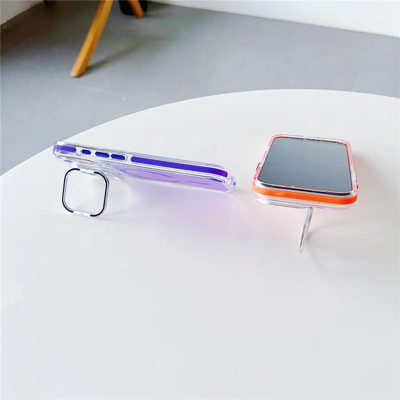 For iPhone 17 Pro Magnetic Case Fluorescent Design TPU Acrylic Phone Back Cover with Lens Frame Kickstand - Purple