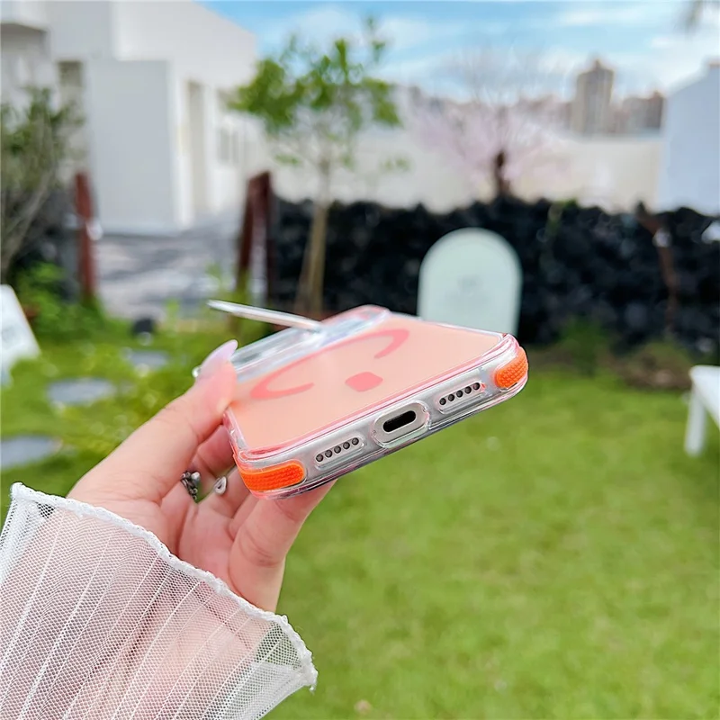 For iPhone 17 Pro Magnetic Case Fluorescent Design TPU Acrylic Phone Back Cover with Lens Frame Kickstand - Purple