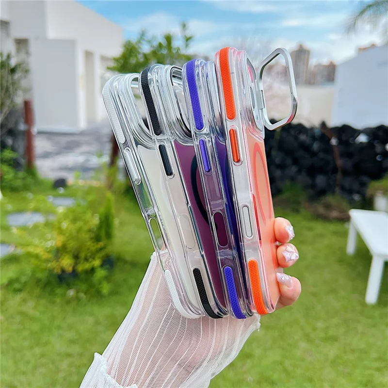 For iPhone 17 Pro Magnetic Case Fluorescent Design TPU Acrylic Phone Back Cover with Lens Frame Kickstand - Purple