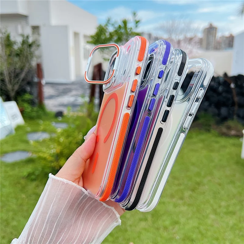 For iPhone 17 Pro Magnetic Case Fluorescent Design TPU Acrylic Phone Back Cover with Lens Frame Kickstand - Purple