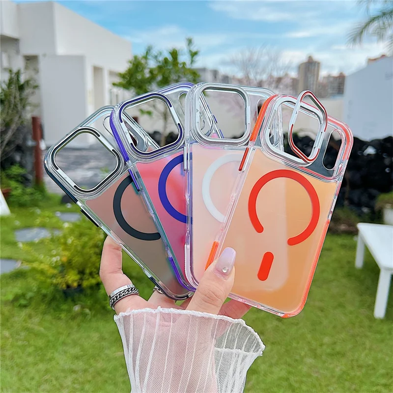 For iPhone 17 Pro Magnetic Case Fluorescent Design TPU Acrylic Phone Back Cover with Lens Frame Kickstand - Purple