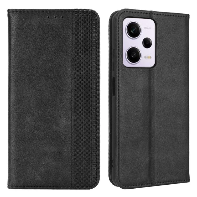 For Xiaomi Redmi Note 12 Pro 5G / Note 12 Pro Speed 5G / Poco X5 Pro 5G PU Leather Magnetic Retro Texture Phone Case Wallet Stand Imprinted Pattern Anti-scratch Cell Phone Cover - Black