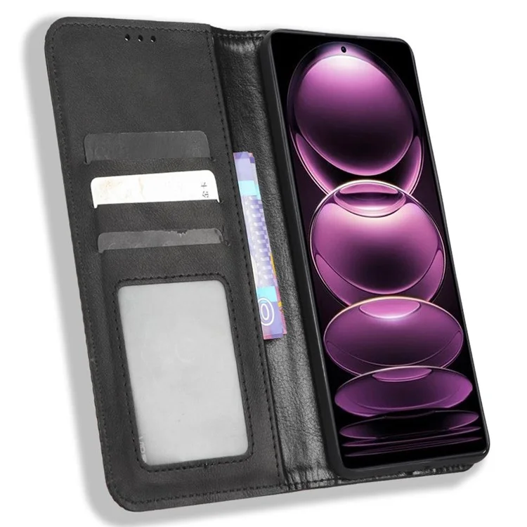 For Xiaomi Redmi Note 12 Pro 5G / Note 12 Pro Speed 5G / Poco X5 Pro 5G PU Leather Magnetic Retro Texture Phone Case Wallet Stand Imprinted Pattern Anti-scratch Cell Phone Cover - Black