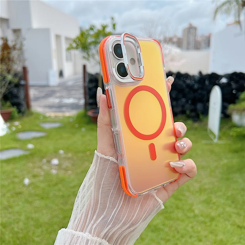For iPhone 17 Magnetic Case Fluorescent Design TPU Acrylic Phone Back Cover with Lens Frame Kickstand - Orange