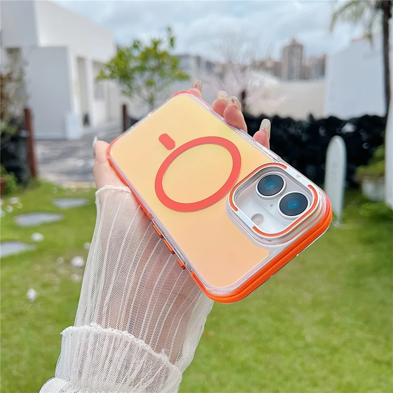 For iPhone 17 Magnetic Case Fluorescent Design TPU Acrylic Phone Back Cover with Lens Frame Kickstand - Orange