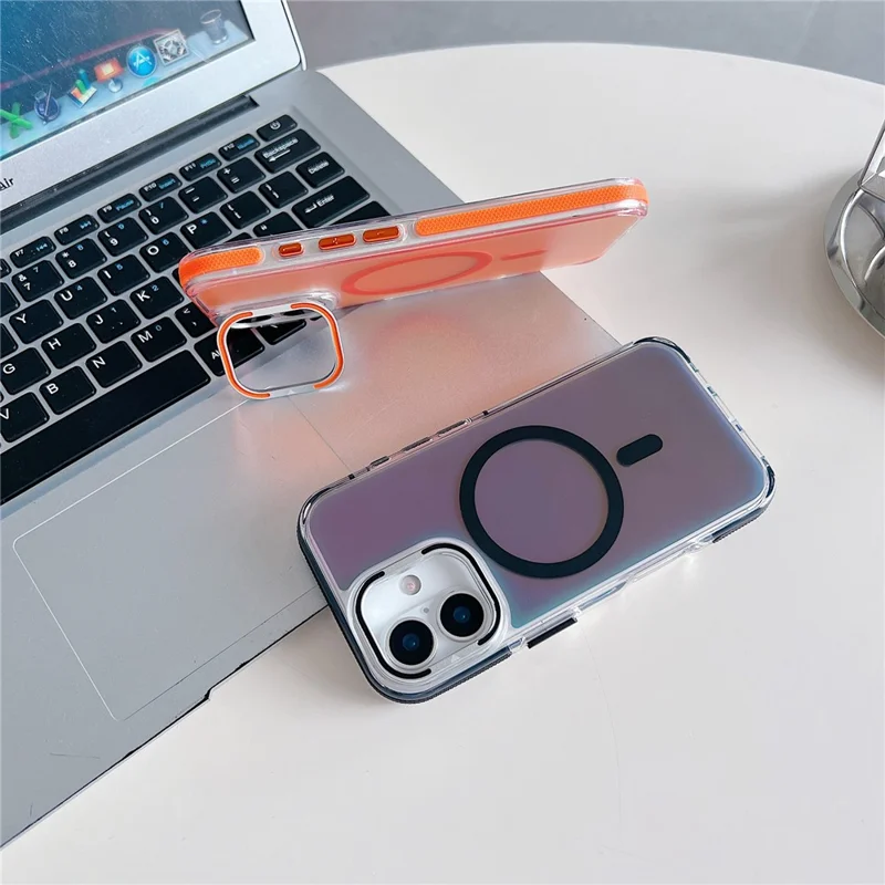 For iPhone 17 Magnetic Case Fluorescent Design TPU Acrylic Phone Back Cover with Lens Frame Kickstand - Orange