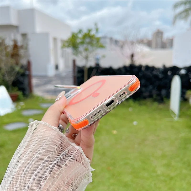 For iPhone 17 Magnetic Case Fluorescent Design TPU Acrylic Phone Back Cover with Lens Frame Kickstand - Orange