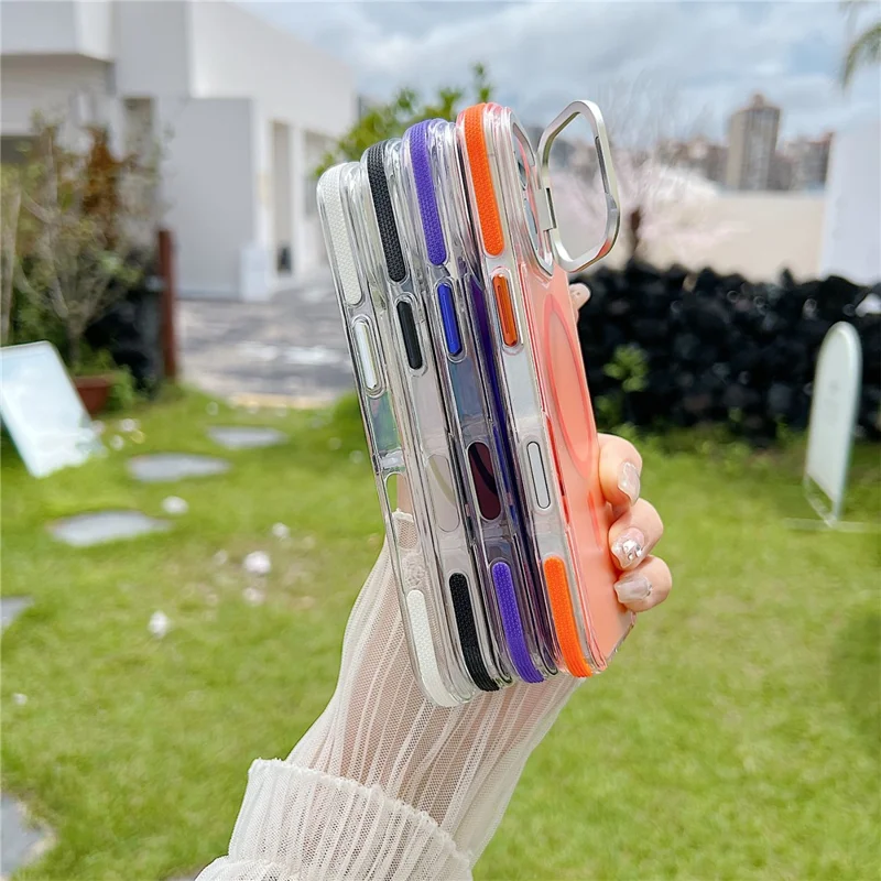 For iPhone 17 Magnetic Case Fluorescent Design TPU Acrylic Phone Back Cover with Lens Frame Kickstand - Orange